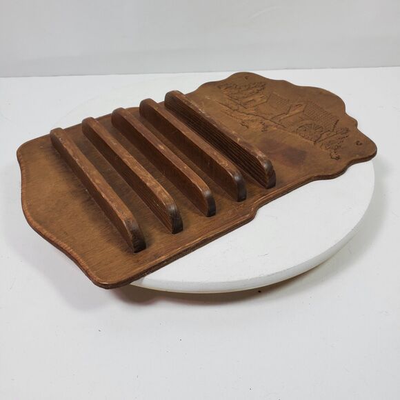 Antique Primitive Thimble Wall Display Wood 16x10x2 Inch Engraved Old Mill Scene - Picture 4 of 8